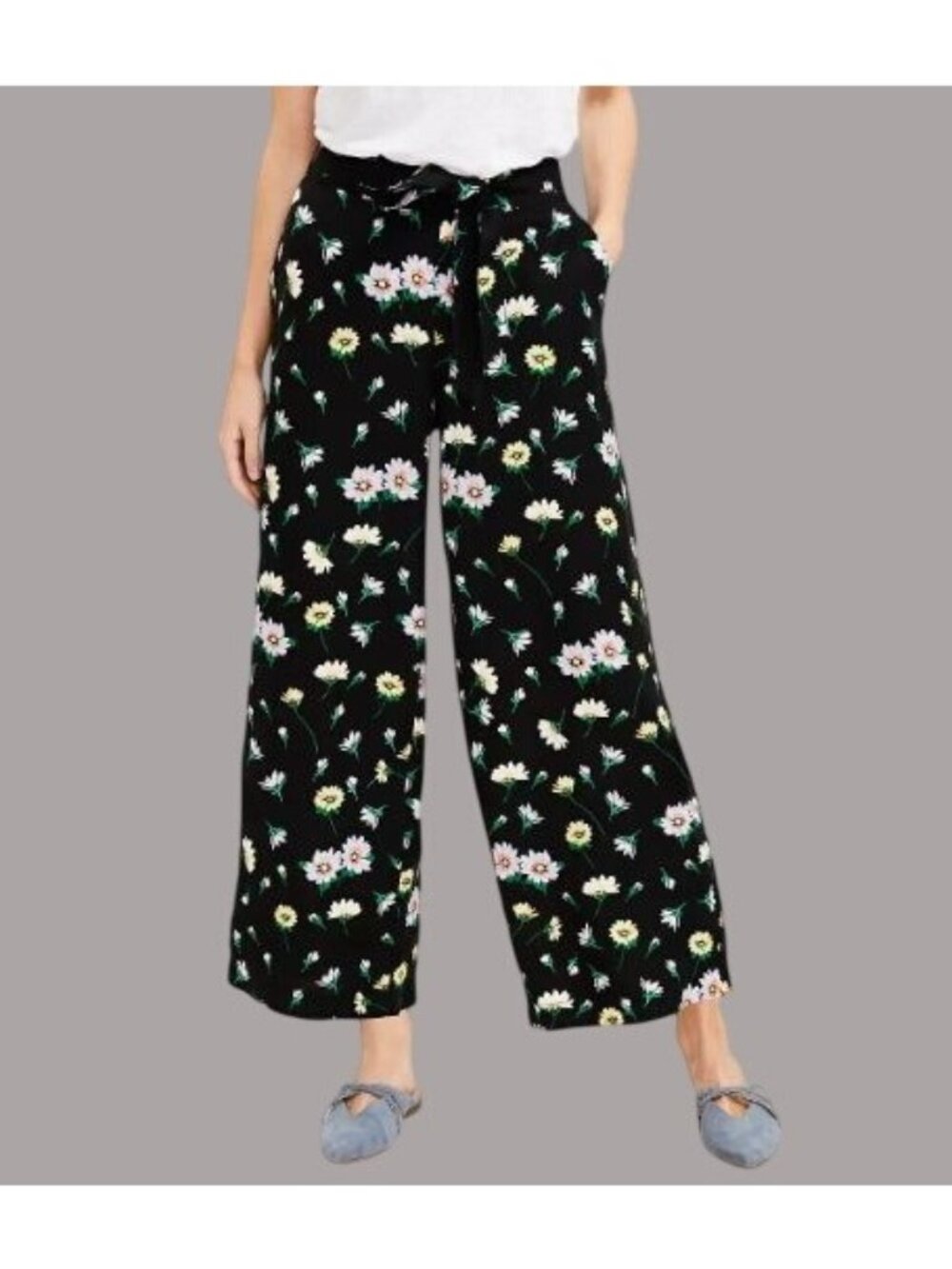 LOFT Tie Waist Linen Fluid Wide Leg Crop Whimsy Pants in Garden L